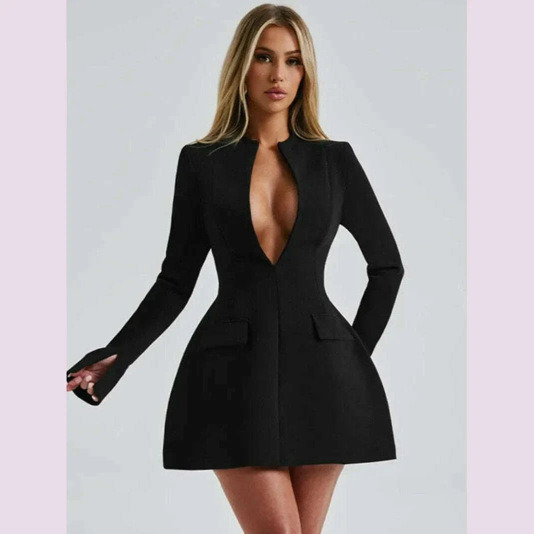 Fashion Deep V-neck Tunics Short Dress White Black Women Autumn Winter Long Sleeve High Waist Party Dresses Female Blazer Dress