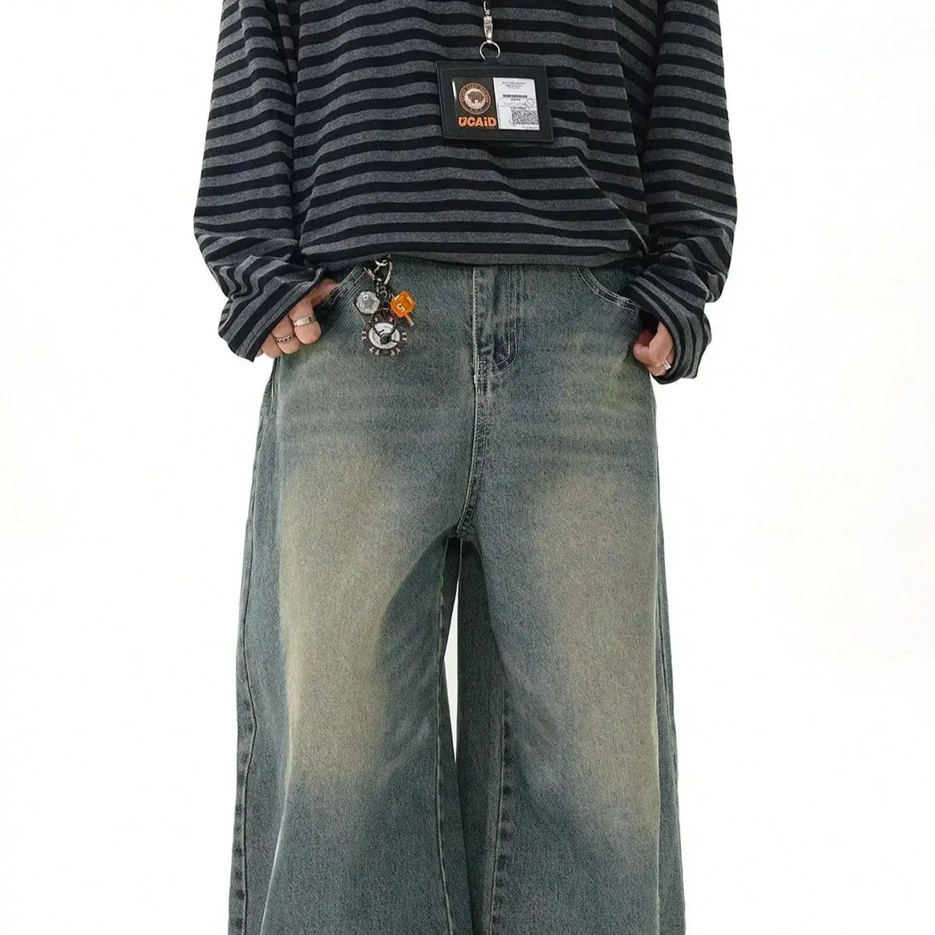 Men's loose straight-leg wide-leg jeans, sea blue casual American street style pants, comfortable cut, suitable for daily wear i