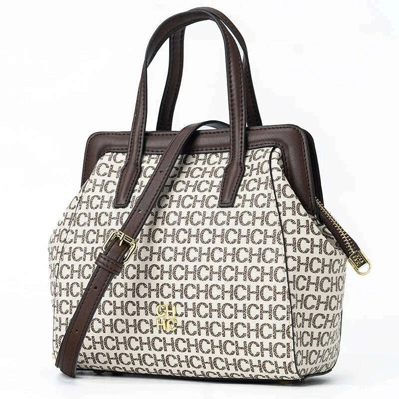 CH Classic Fashion Zipper Design Women's Handbag, Monogram Print, Versatile Solid Color Block Shoulder Bag