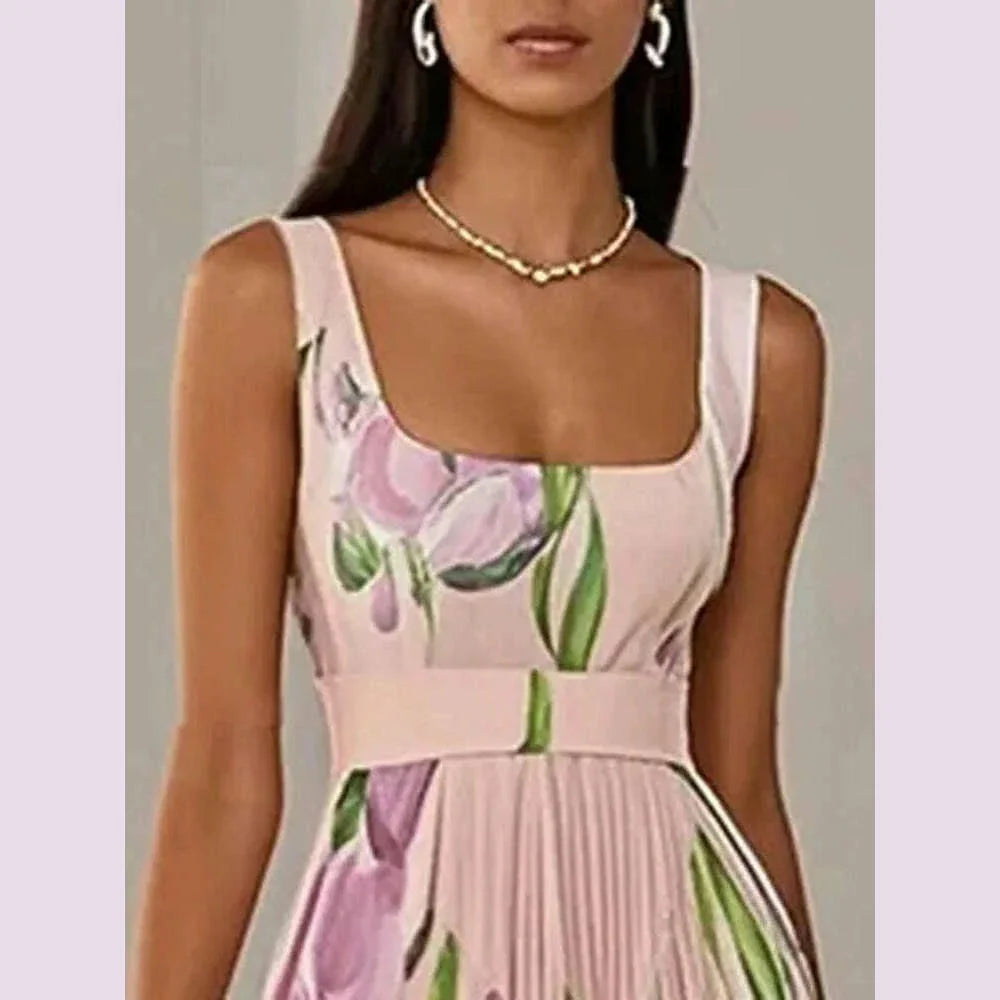 Summer Square Collar Floral Print Fold Dress Womens Sexy High Waist Sling Long Dresses Summer Off Shoulder Hollow Boho Dresses