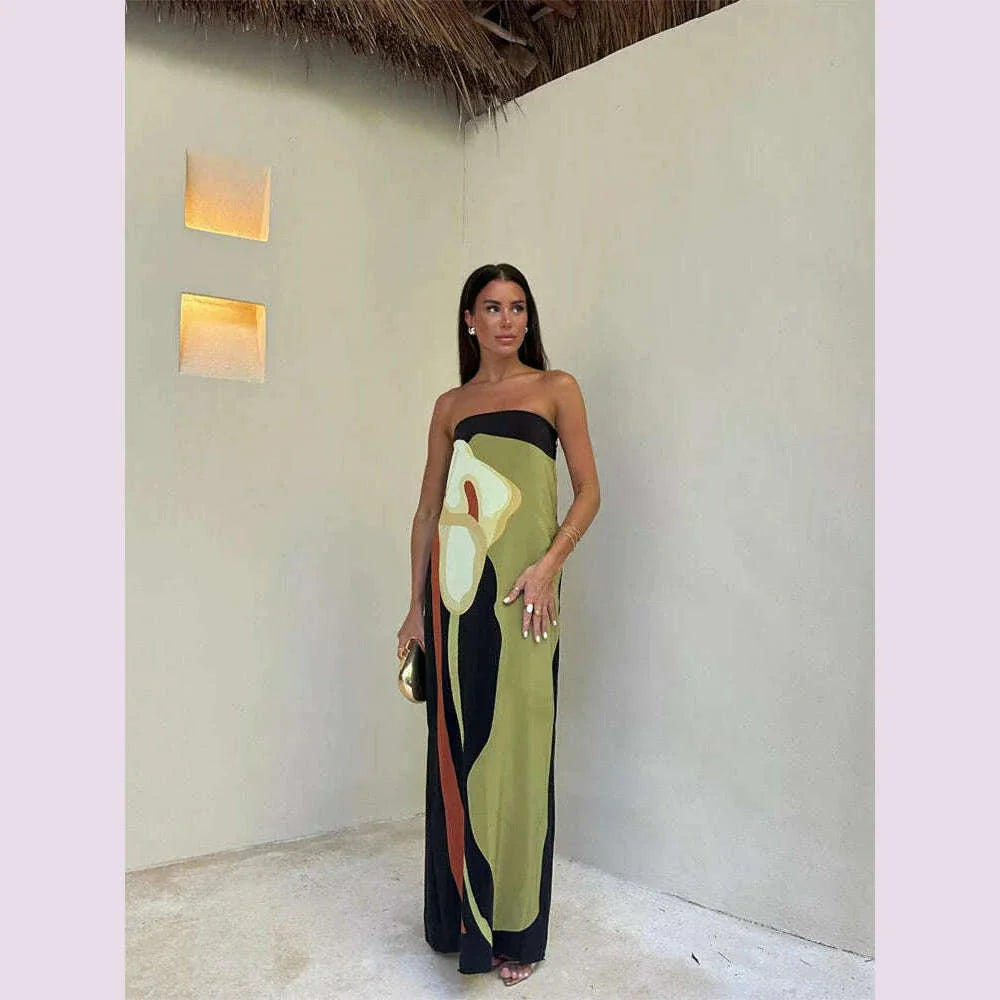 Sexy Strapless Backless Printed Long Dress Women Fashion Sleeveless Off Shoulder Vestidos 2024 Summer Lady Party Evening Robes