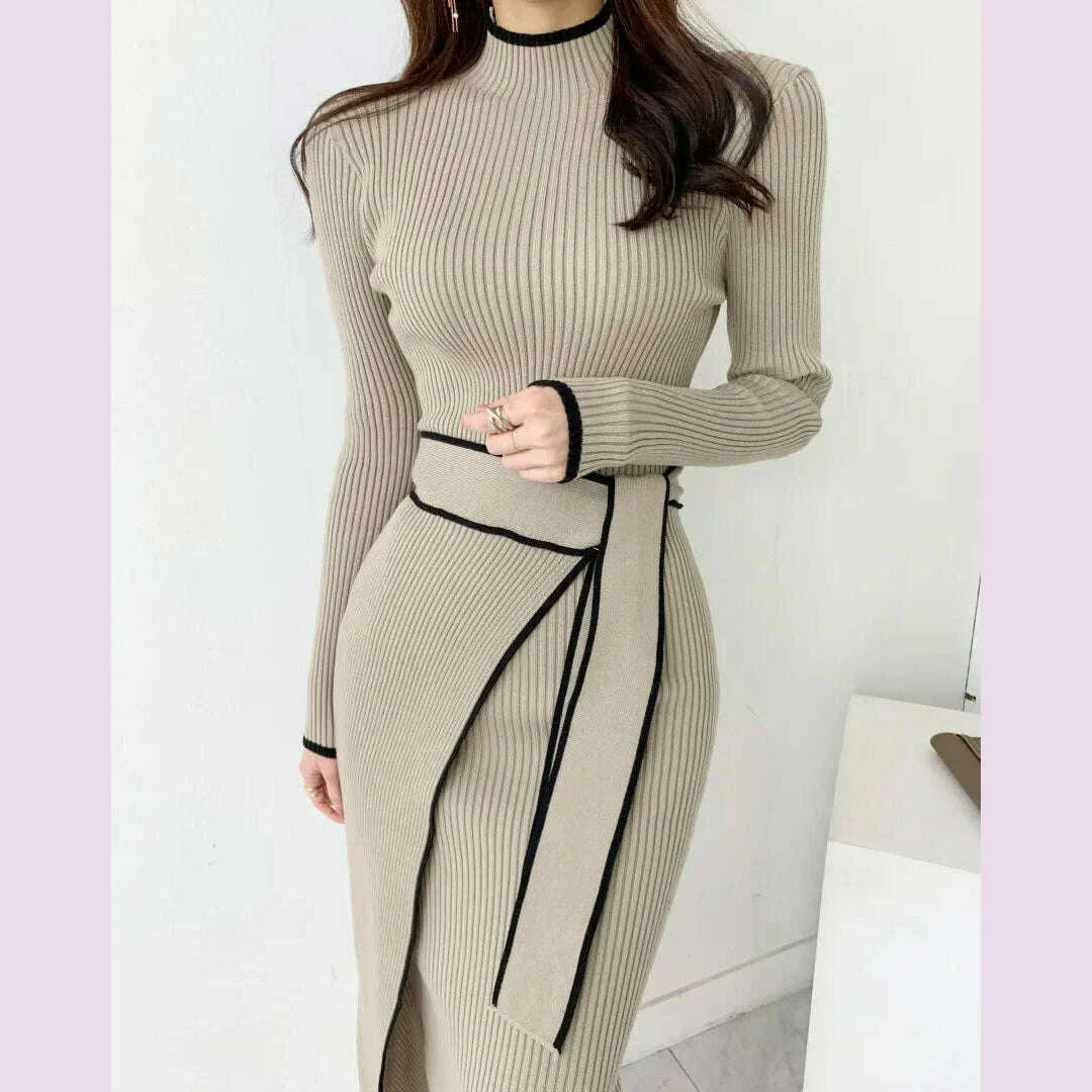 Elegant Stand Collar Contrast Bandage Long Sleeve Women Knitted Dress Autumn Korean Fashion Casual Knit Bodycondresses Vestidos