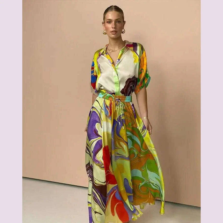 Fashionable Summer Silk Printed Women Set Dress Loose Short Sleeves Shirt Top +skirt Waist 2 Piece Sets Elegant Ladies Suit