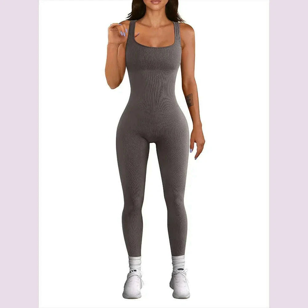 Women's Sleeveless Yoga Jumpsuit Exercise Ribbed Square Neck Vest High Waist Fitness Sports One-piece Yoga Suit