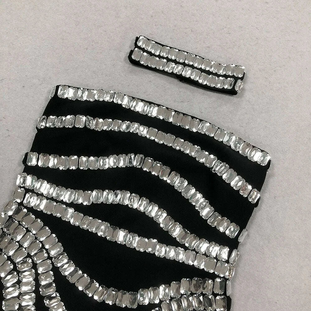 Brand New Ins 2025 Women Black Strapless Crystal Bandage Bodycon Dress Designer Collar Elegant Evening Party Dress Vestido