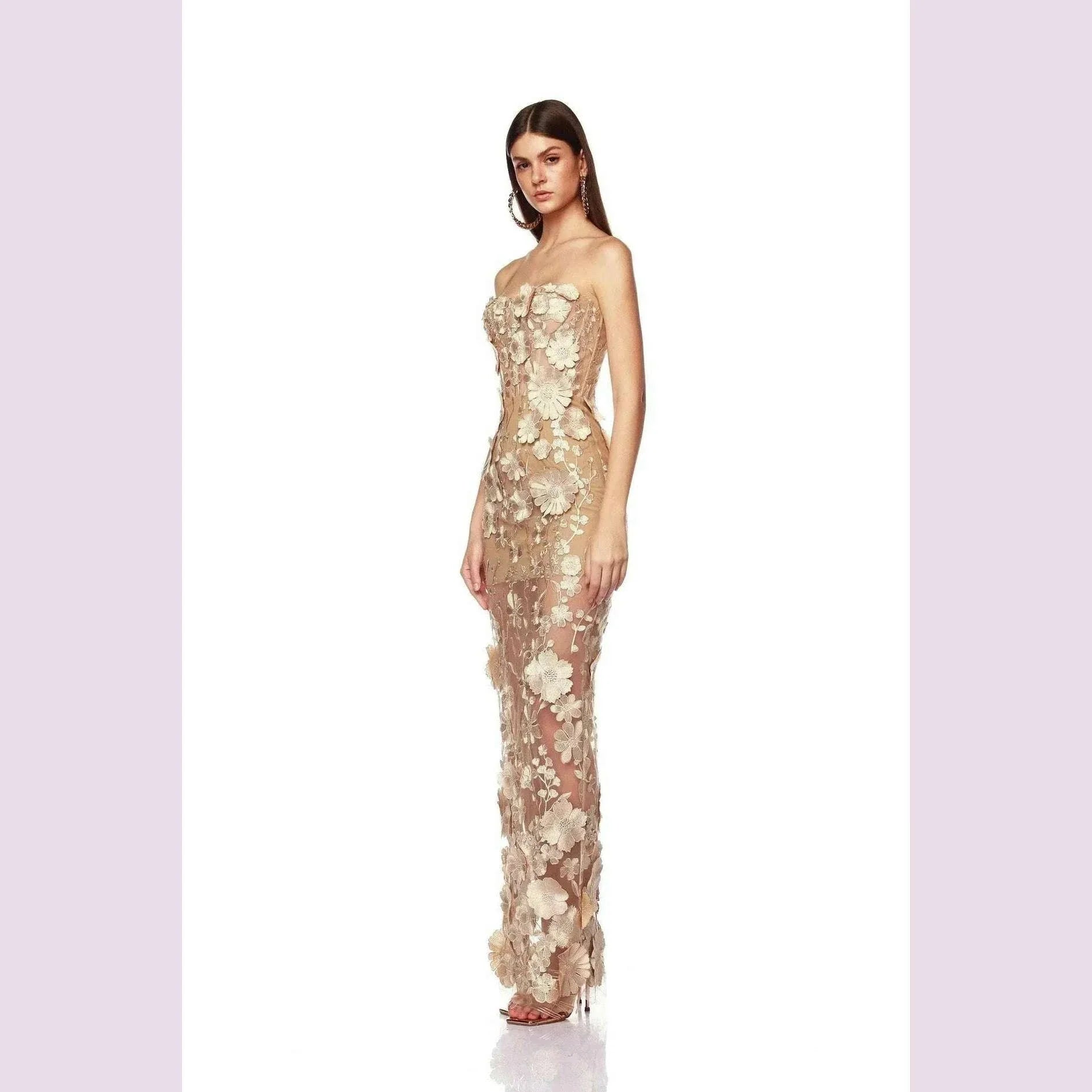 Luxurious 3D Flowers Chest Wrapping Dresses Spring Women High Waist Zipper Knee Length Dress Female Sleeveless Backless Dress