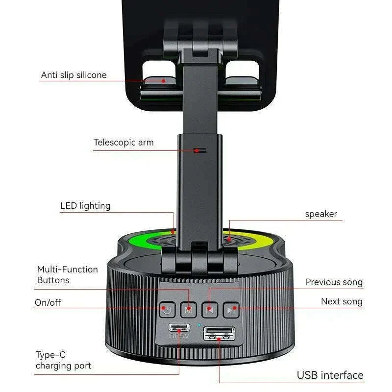 Wireless Speaker with Colorful Ambient Light 360°rotatable Adjustable FoldingLift-non-slip Phone Holder 5.3 HDSurround Subwoofer