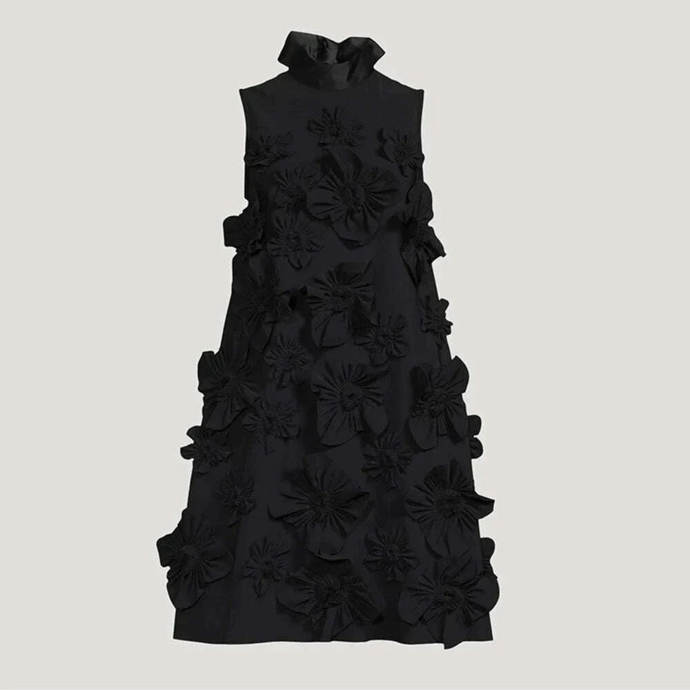 TWOTWINSTYLE Soild Slimming Dresses For Women Stand Collar Sleeveless Patchwork Appliques DesignerDress Female Fashion Clothes