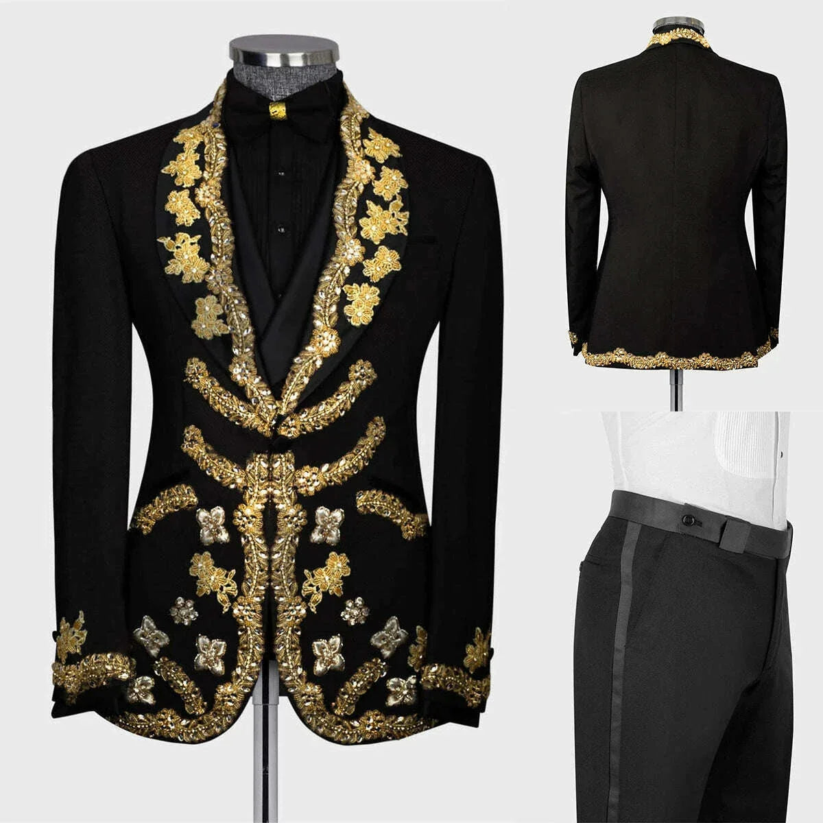 Luxury Men's Suits Tailored 2 Pieces Blazer Pants One Button Wedding Sheer Lapel Gold Appliques Diamonds Custom Made Plus Size