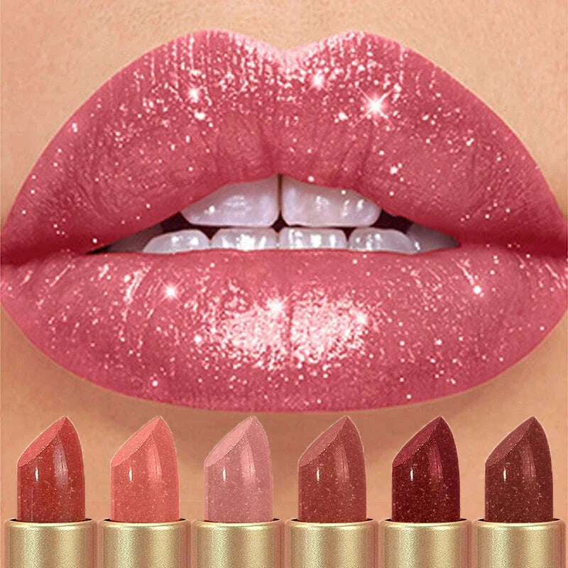 6 Colors Diamond Pearlescent Lipstick Glitter Shiny Metallic Lipstick Lip Tint Long Lasting Nude Shimmer Shiny Lip Gloss Makeup