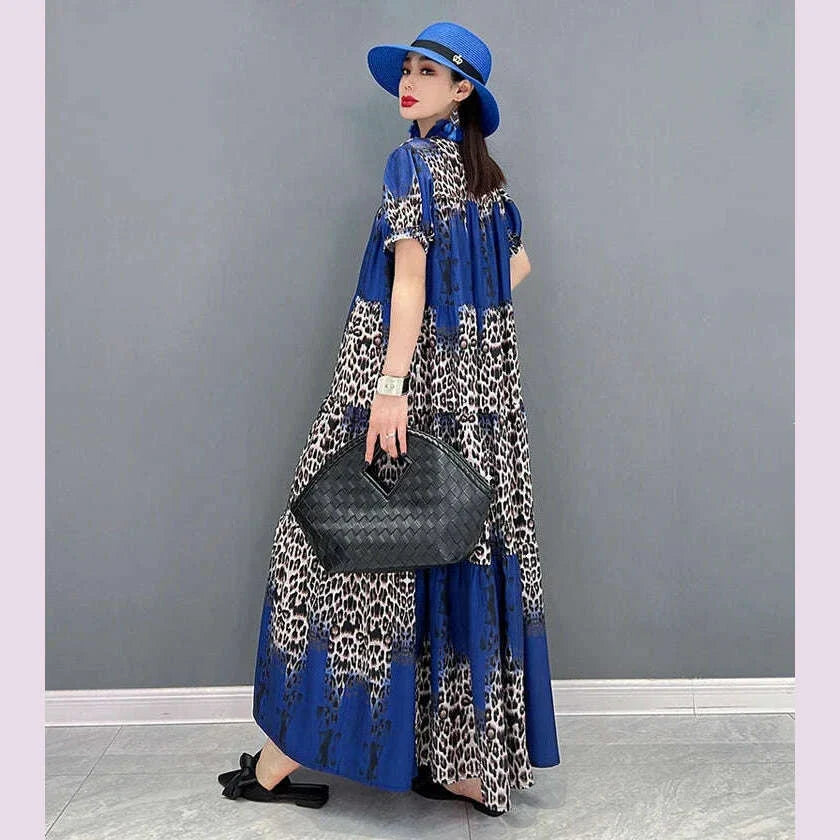 Korean Style Painted Short-Sleeve Casual Loose Big Size Yellow Red Blue Leopard Long Dress Summer Boho Print Dress Robe JJXD071