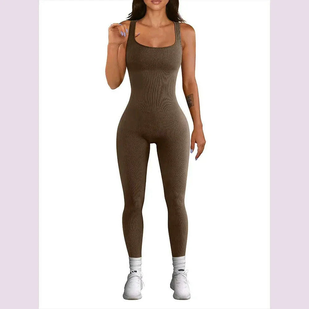Women's Sleeveless Yoga Jumpsuit Exercise Ribbed Square Neck Vest High Waist Fitness Sports One-piece Yoga Suit