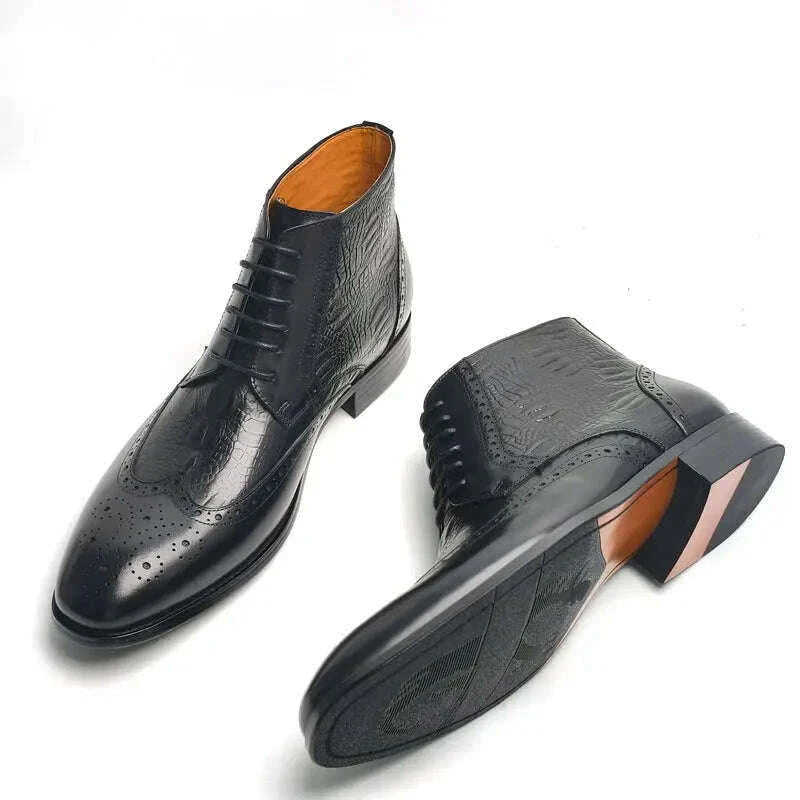 Luxury Genuine Leather Boots Handmade Retro Printing Shoes Men's Lace Up Top Cow Leather Business Casual Trendy Party Warm Boot