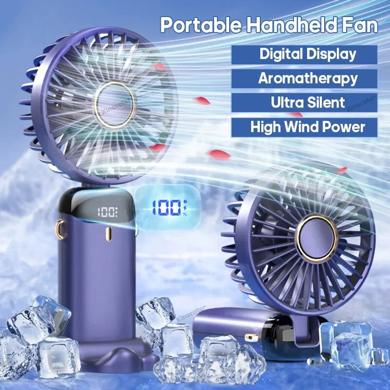 Clearance_USB Handheld Mini Fan Foldable Portable Neck Hanging Fans 5 Speed Rechargeable Fan with Phone Stand and Display Screen