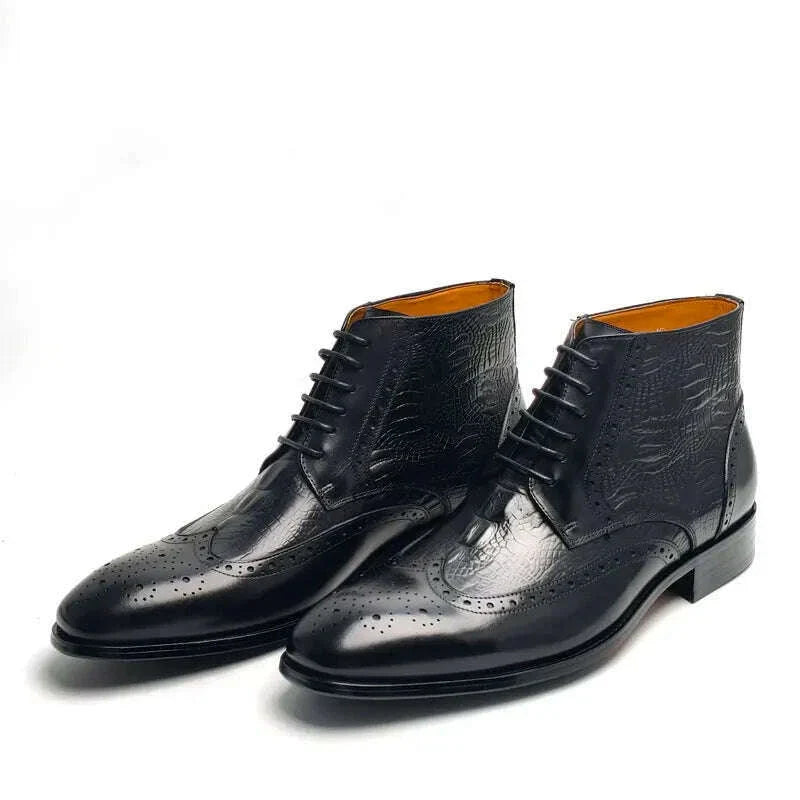 Luxury Genuine Leather Boots Handmade Retro Printing Shoes Men's Lace Up Top Cow Leather Business Casual Trendy Party Warm Boot