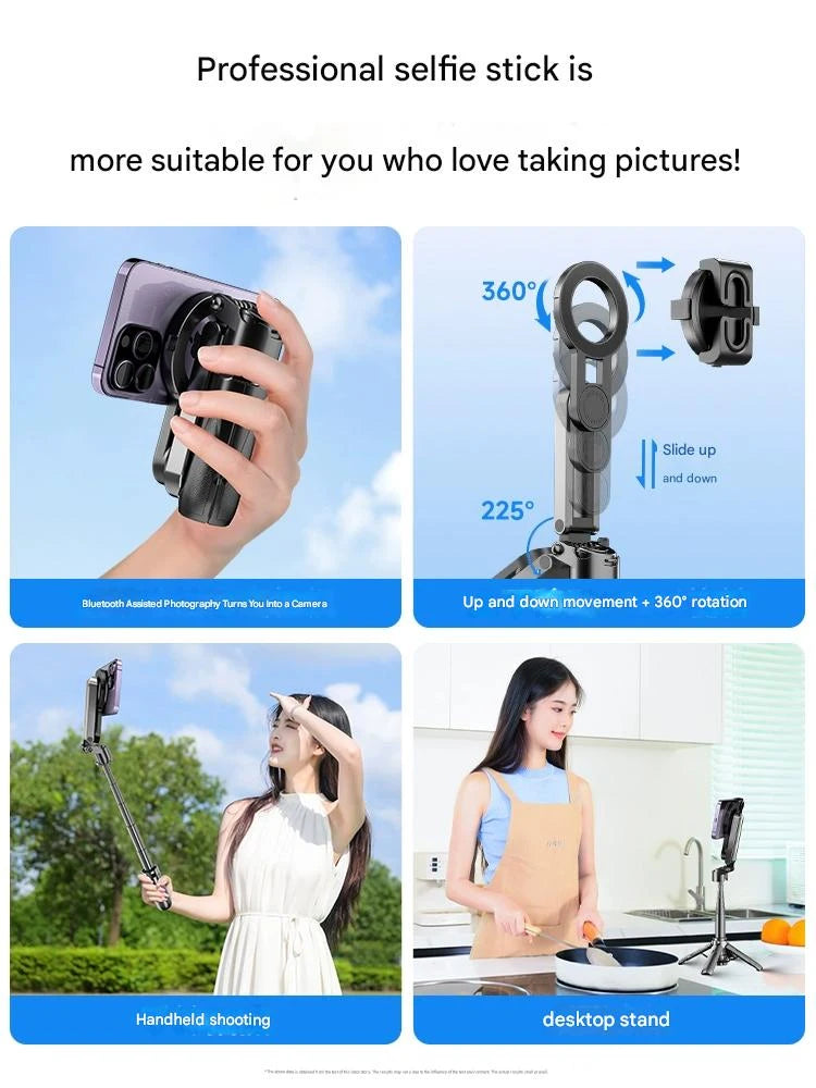 4-in-1 Multi-function Selfie Stick with Wireless Remote Control | Magnetic, Cell Phone Clip Dual Combination, 360° Rotation