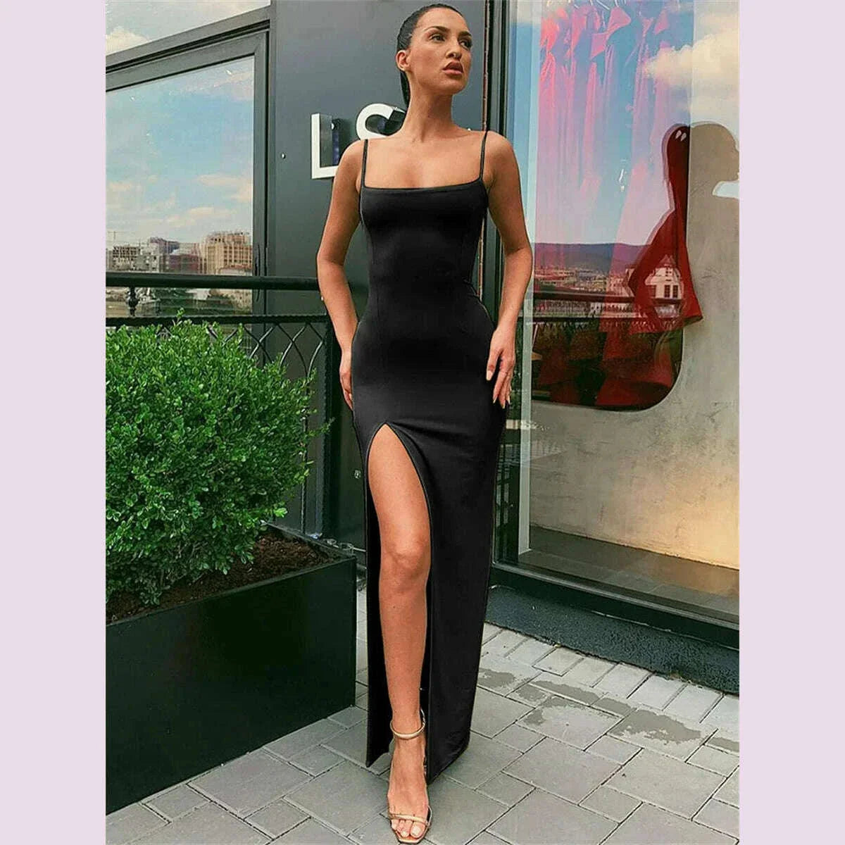 Women Summer Sexy Bodycon Dress Lady Sexy Spaghetti Strap Sleeve Split Solid Color Sheath Dress Vestidos