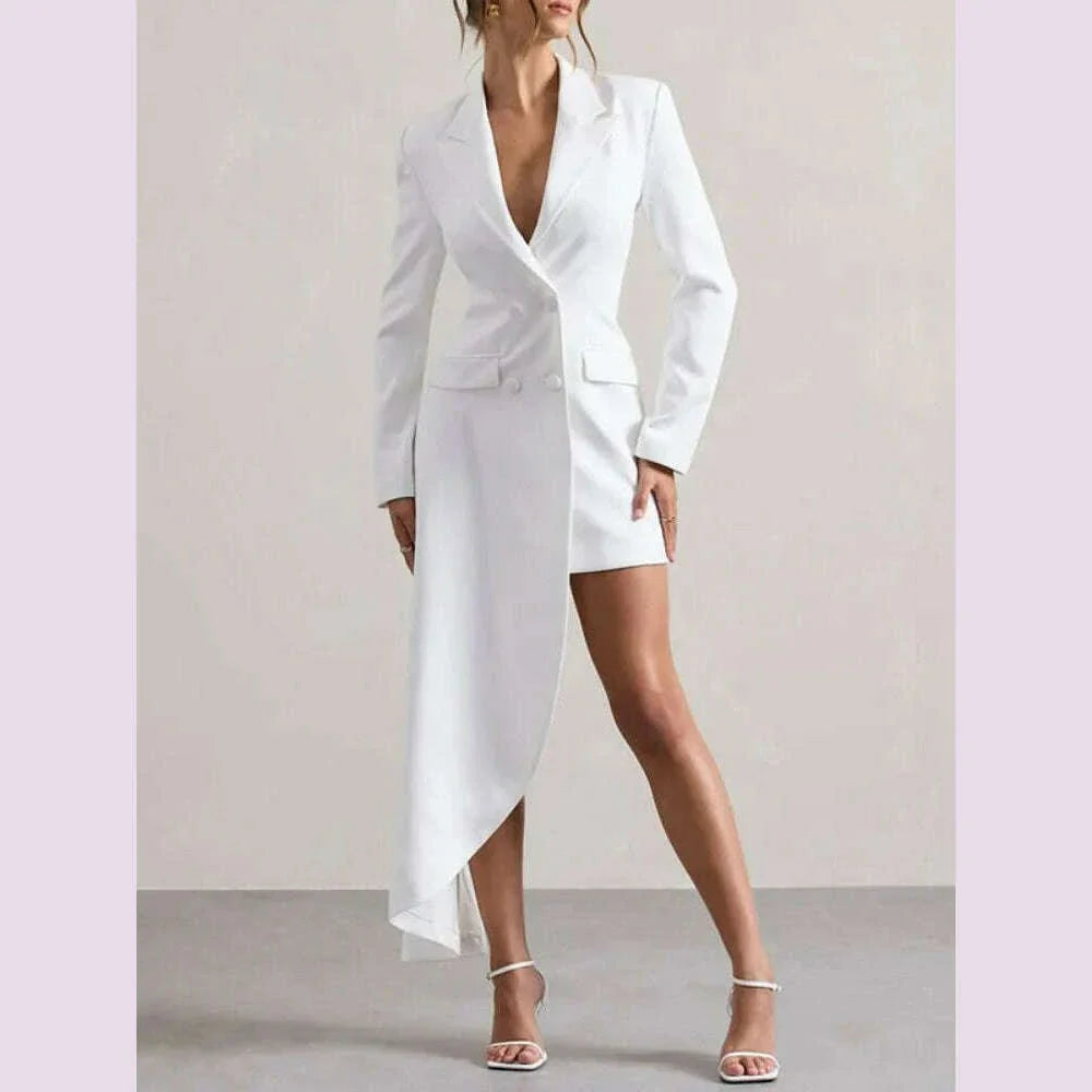 Yeezzi 2025 New Urban Female Black White High-low Notched Collar Blazer Office Ladies Fashion Buttoned Pocket Commute Outerwears