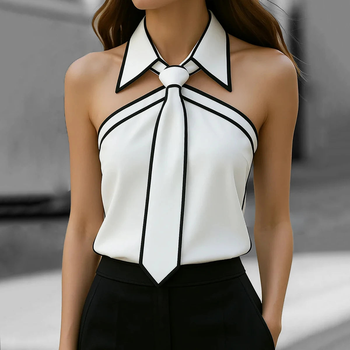2025 Women Shirt Tie Neck Strap Necktie Lapel Design Loose Long Sleeve Blouses Blusas Mujer Moda Contrast Binding Shirt