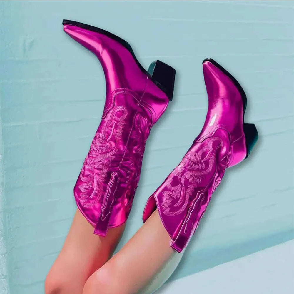 GIGIFOX Embroidered Women Mid-Calf Western Boots Block High Heel Pointed Toe Pull-On Shoes All-Match StreetSnap Cowgirl Boots