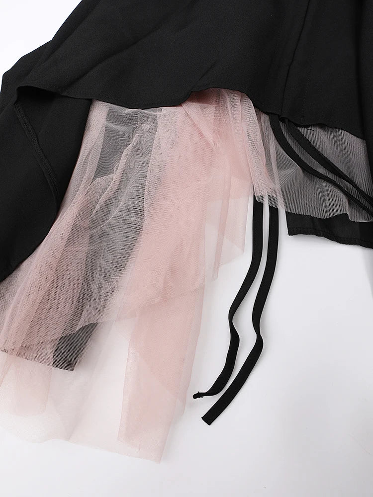 UCXQ Fashion Patchwork Black Lace Drawstring Skirt Women's Clothing Irregular Folds High Waist Skirts 2025 Spring Summer 2Q11360