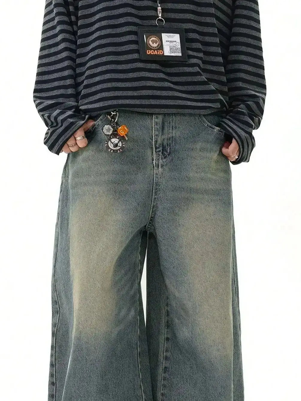 Men's loose straight-leg wide-leg jeans, sea blue casual American street style pants, comfortable cut, suitable for daily wear i
