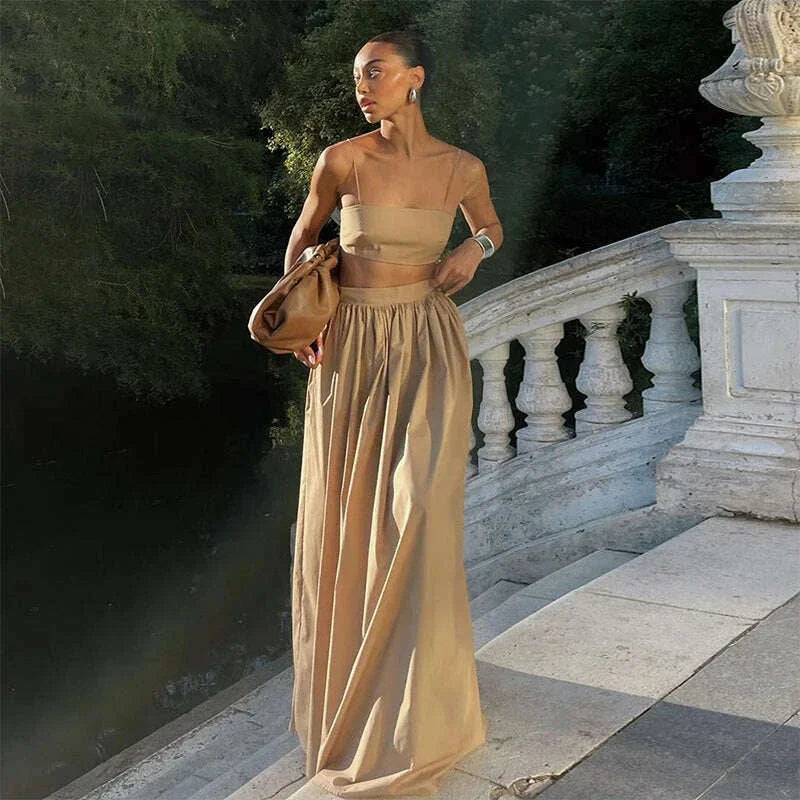 Women Tube Top Skirt Set Sexy Off Shoulder Suspenders Blouse Loose Elastic Waist Skirts Female Suits 2025 Summer Lady Outwear