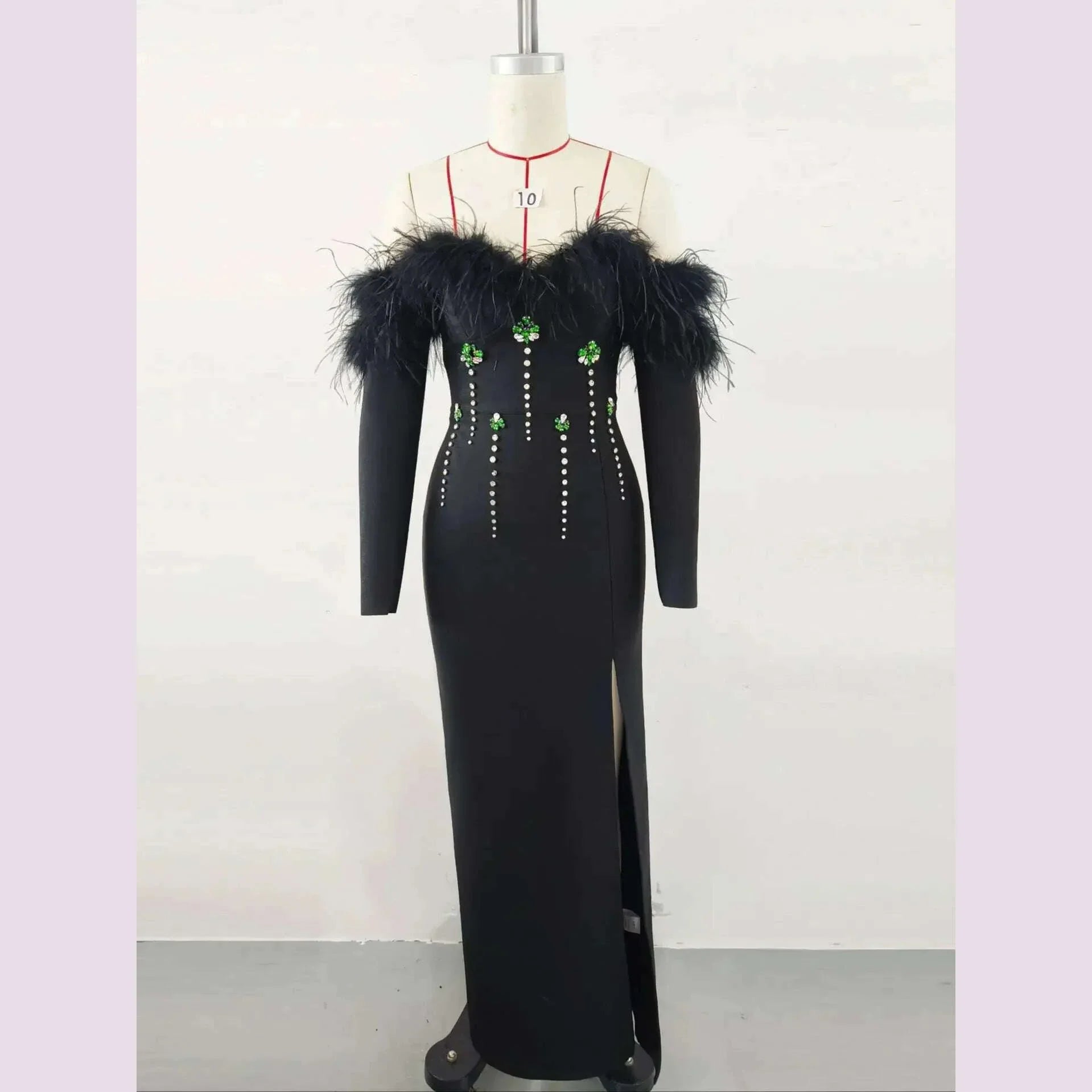 New Women Sexy Long Sleeve Feather Crystal Diamonds Black Knitted Long Bandage Dress Cut Out Elegant Evening Club Party Dress