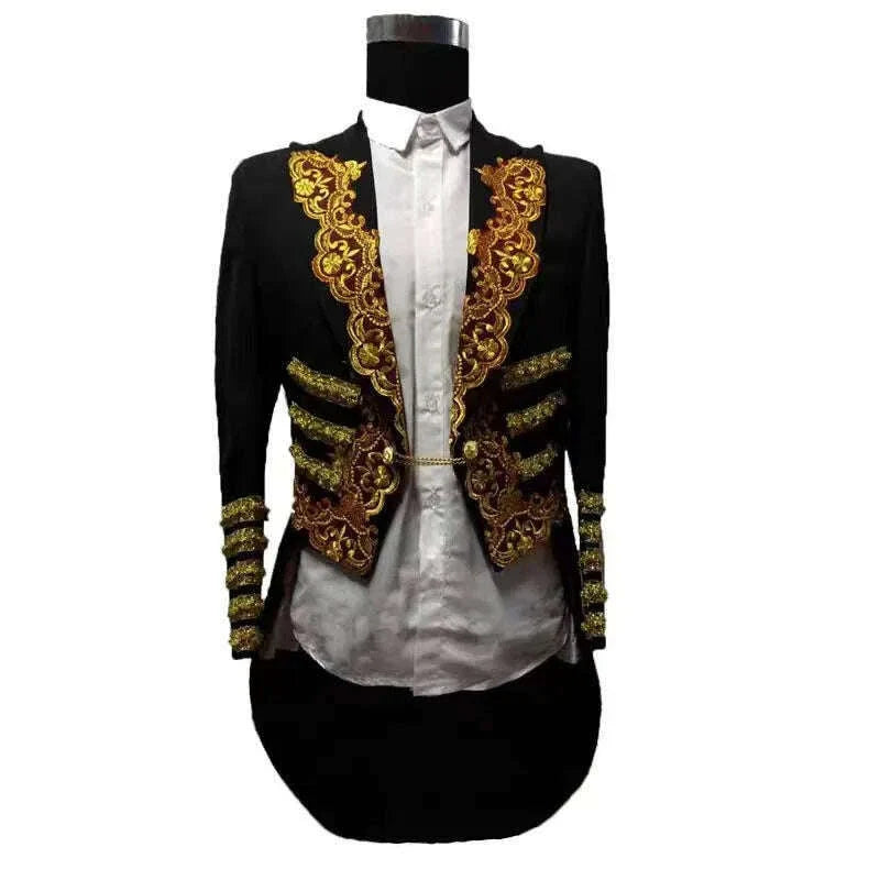 Men's Long Black Embroidery Tailcoat Suit Jackets Magic Performance Coat Wedding Groom Party Marry Formal Singer Host Tuxedo