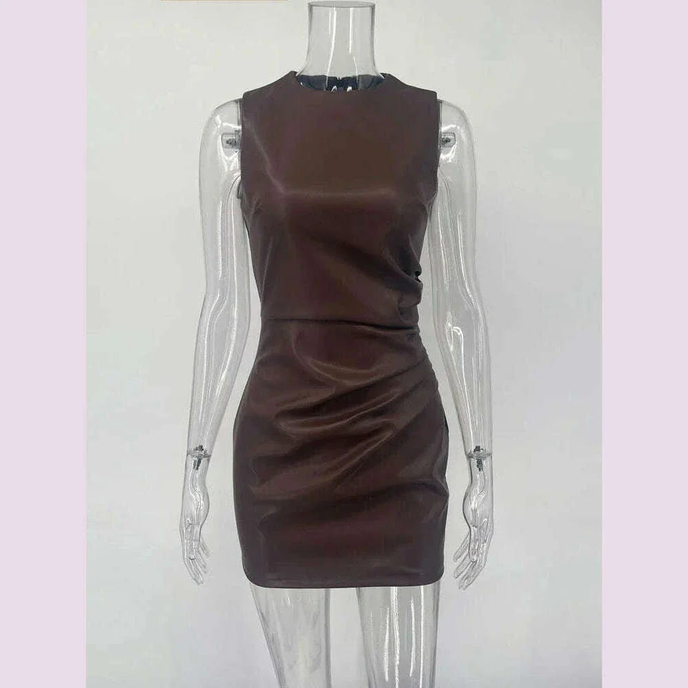 Tossy PU Sexy Fashion Maxi Dress For Women High Waist Sleeveless Slim Patchwork Solid Skinny Streetwear Female Bodycon Dress New