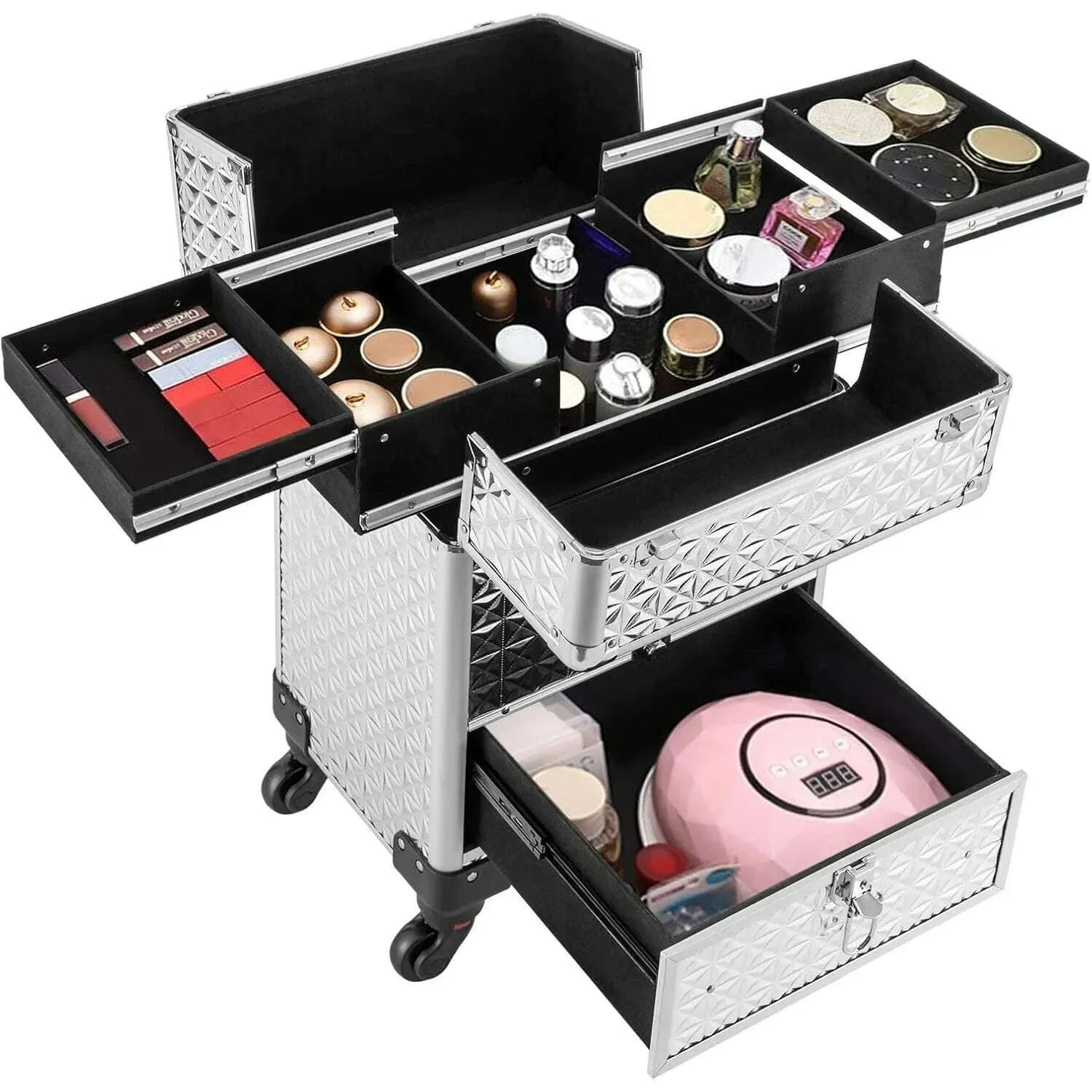 Rolling Makeup Train Case, Makeup Trolley with Drawer, Nail Case Wheeled Manicure Storage Case for Hair Stylists,Pet Groomers