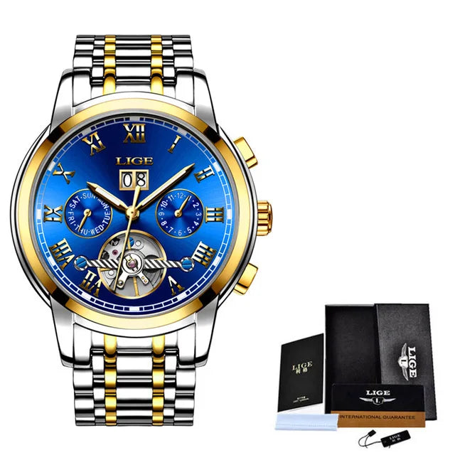 LIGE Luxury Mens Watches Automatic Watch for Men Tourbillon Wristwatch Waterproof Mechanical Watch Date Clock Relogio Masculino