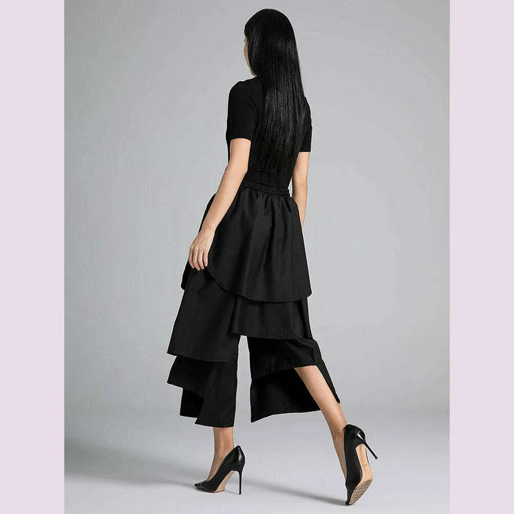 EAM Black Irregular Patch High Elastic Waist Calf-Length Pants New Trousers Women Fashion Tide Spring Autumn 2025 30A3161