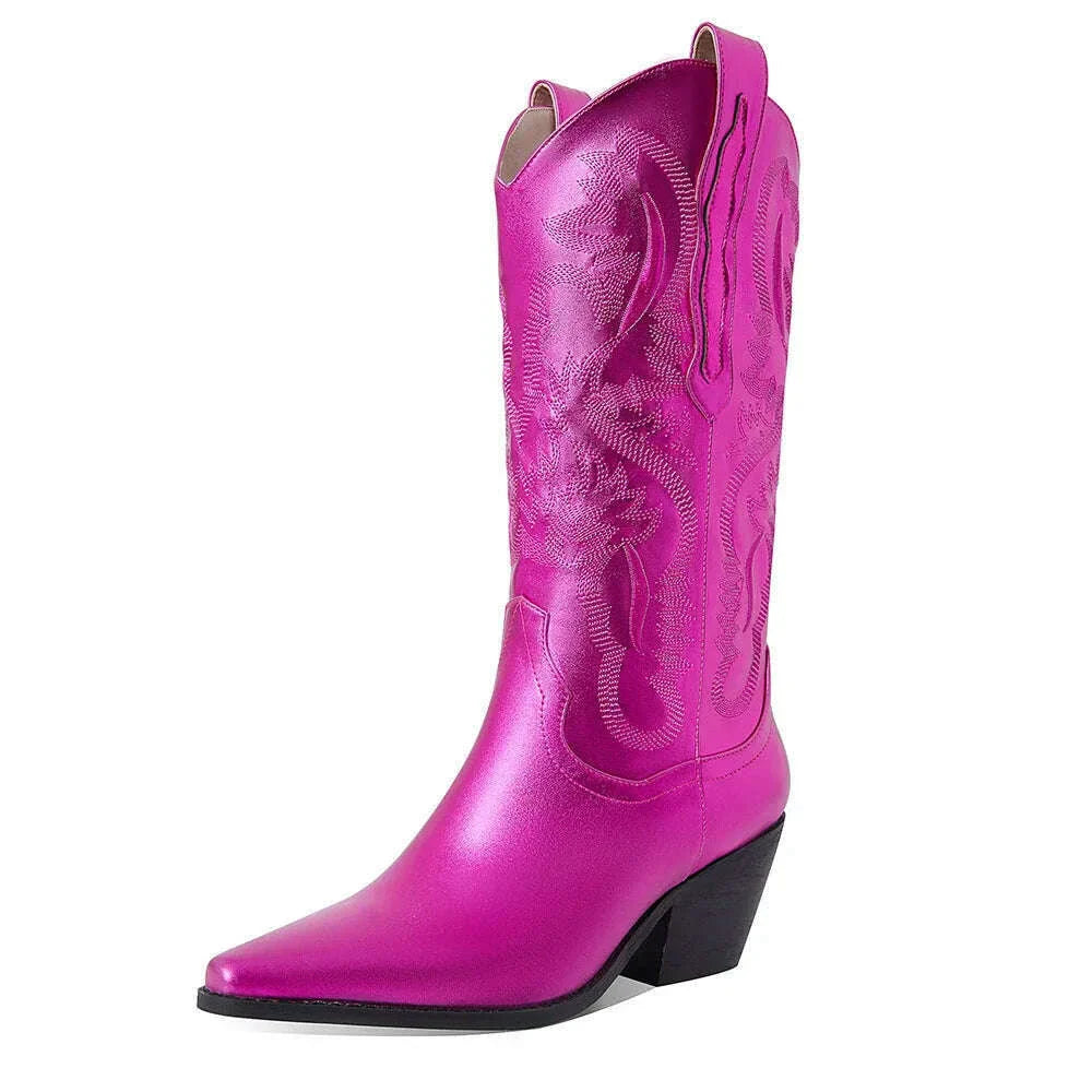 GIGIFOX Embroidered Women Mid-Calf Western Boots Block High Heel Pointed Toe Pull-On Shoes All-Match StreetSnap Cowgirl Boots
