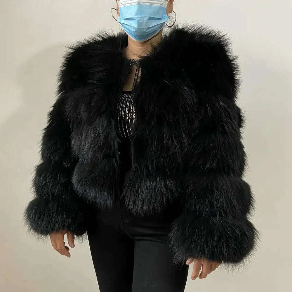 BEIZIRU Real Raccoon Fur Coat Women Winter Long Sleeve Natural Luxury Jackets Thick Top