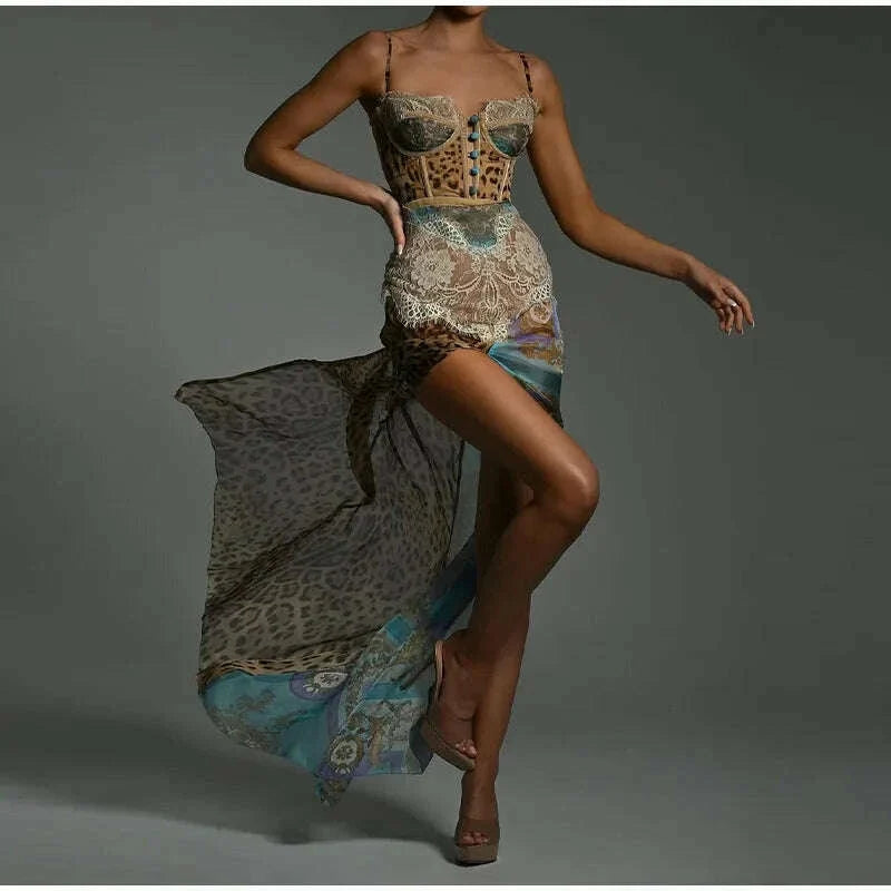 Summer Beach Leopard Print Dress Sexy Lace Split Patchwork Chiffon Dresses Women Elegant Sleeveless Backless Beach Evening Gowns