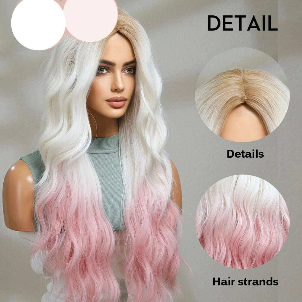 oneNonly Pink White Long Wig Blonde Rainbow Wavy Wigs Halloween Cosplay Party Wigs for Women Makeup Tools Synthetic Hair