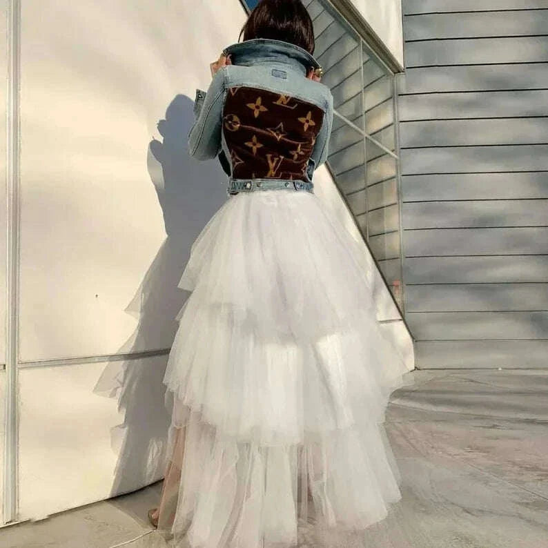 Women Tulle Petticoat Tiered High Low Elastic Waist Tutu Skirts Puffy Long Soft Net Gown Underskirt Prom Maxi Skirt Free Size