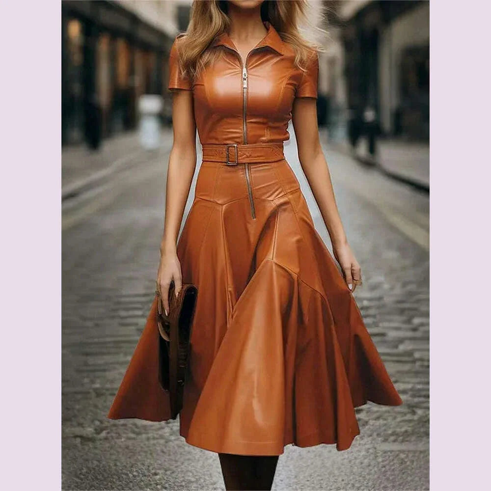 Womens Shirt Collar Dresses PU Leather Midi Dress Elegant Brown Summer Zipper Short Sleeve Skinny Belted Midi Dress 2025