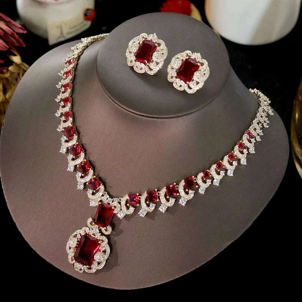 ASNORA New European and American Banquet Jewelry, Heart Earrings Necklace Set Women's Red Zircon Square Pendant