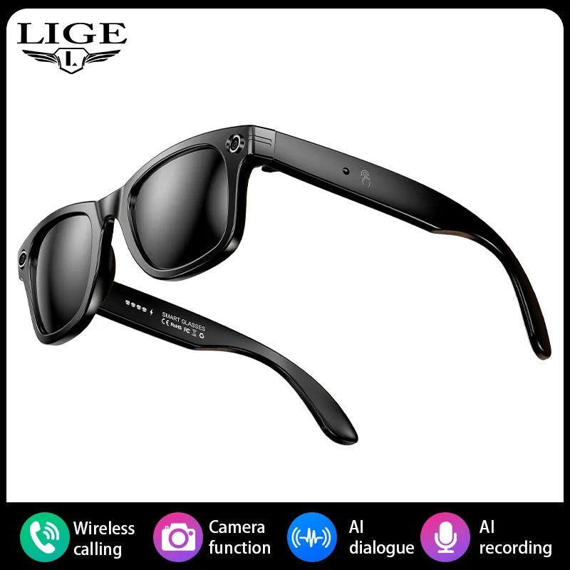 LIGE Smart Glasses 100W Pixel Camera Smart Glasses Camera Bluetooth Call Music Sunglasses AI Voice Assistant Video Sound Record