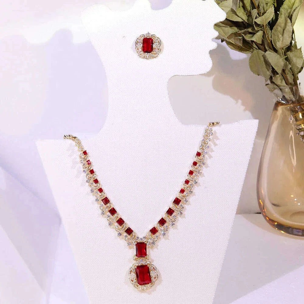 ASNORA New European and American Banquet Jewelry, Heart Earrings Necklace Set Women's Red Zircon Square Pendant