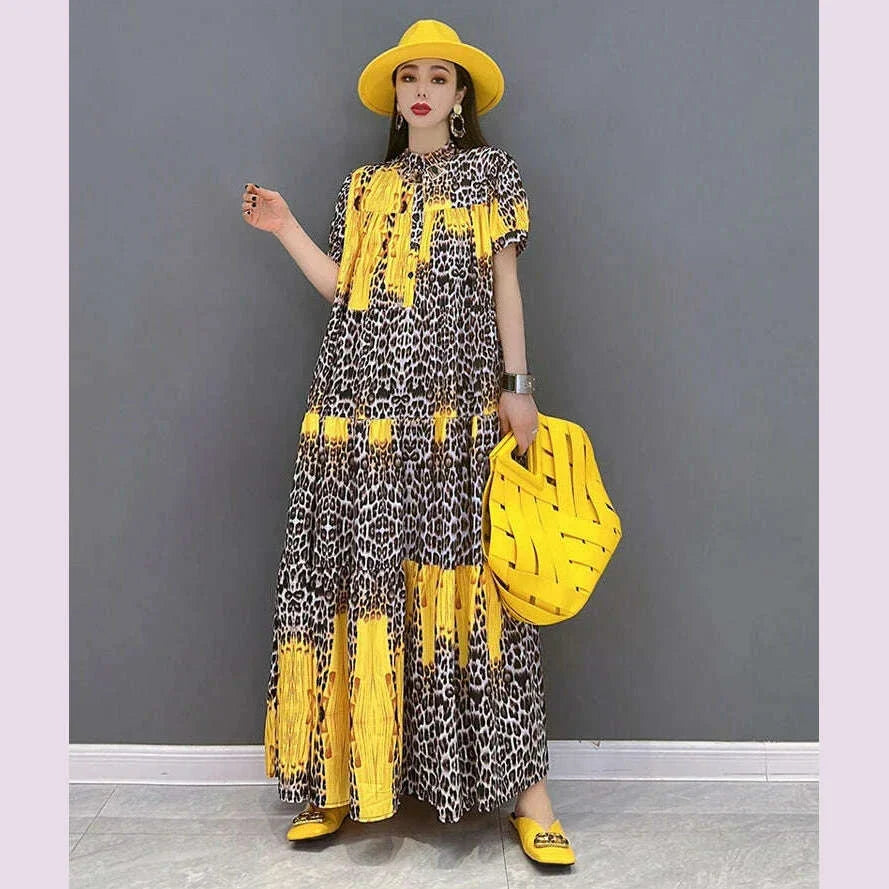Korean Style Painted Short-Sleeve Casual Loose Big Size Yellow Red Blue Leopard Long Dress Summer Boho Print Dress Robe JJXD071
