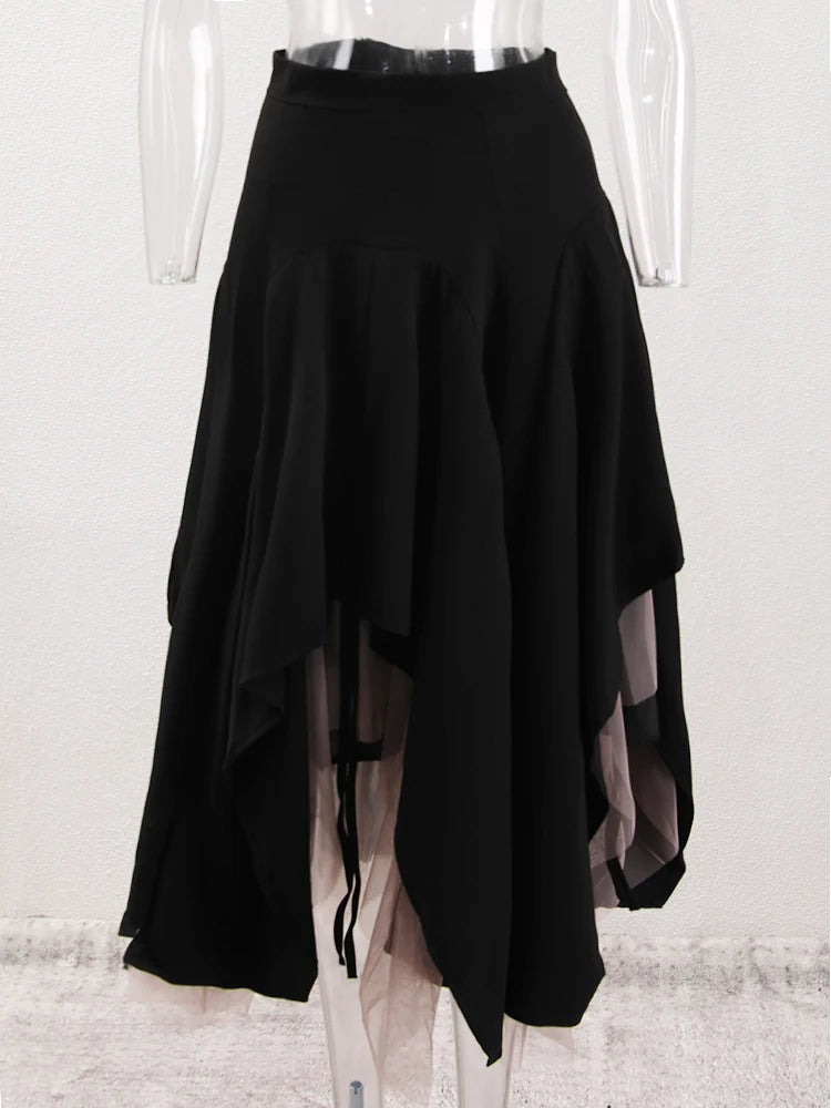 UCXQ Fashion Patchwork Black Lace Drawstring Skirt Women's Clothing Irregular Folds High Waist Skirts 2025 Spring Summer 2Q11360