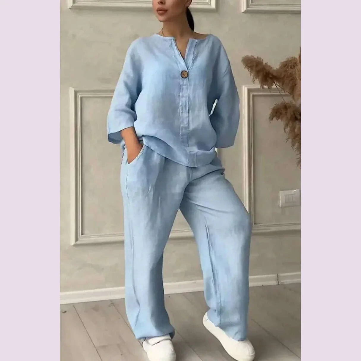 Women's Cotton and Linen Pants Suit Casual Solid Pullover Pants 2-piece Set White Pink Simple Wide Leg Pants Two Piece Set Suits