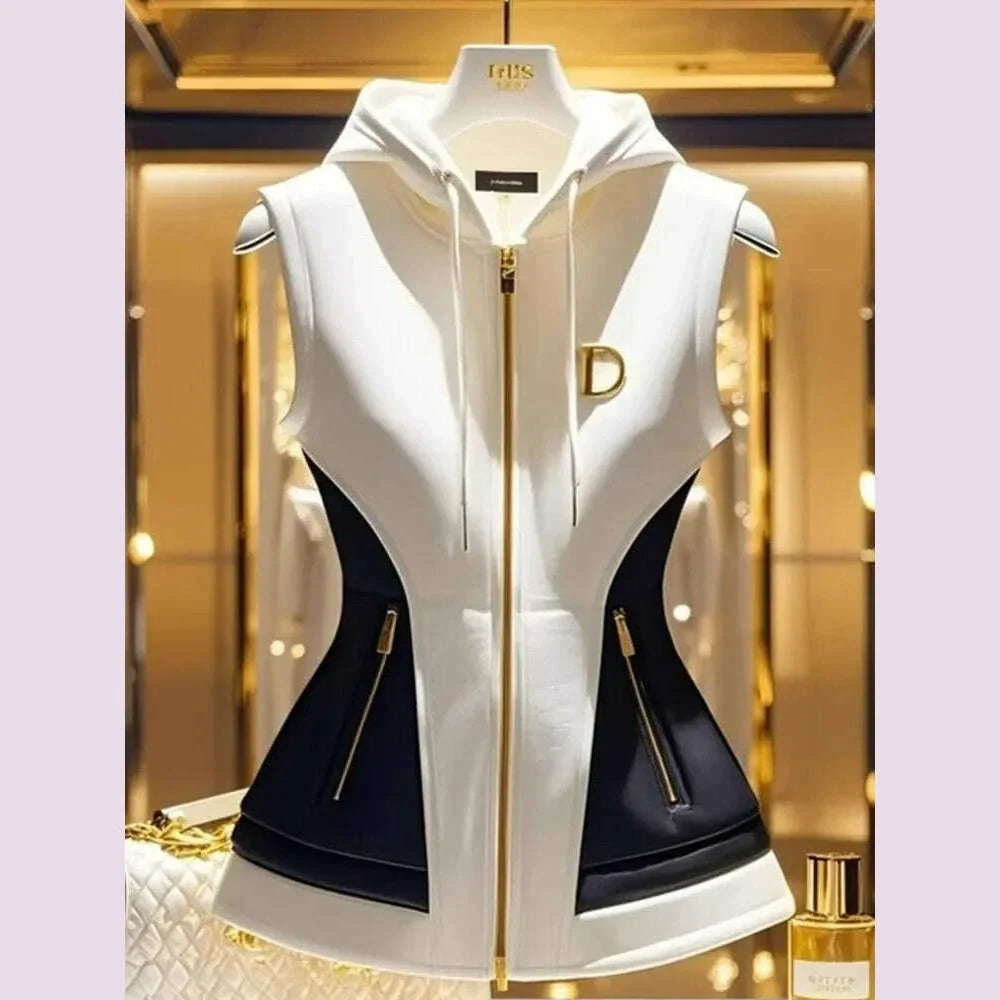 New Spring French Elegant High End Hooded Vest Coat Women Contrast Color Zipper Slim Jacket Temperament Ladies Causal Outwear