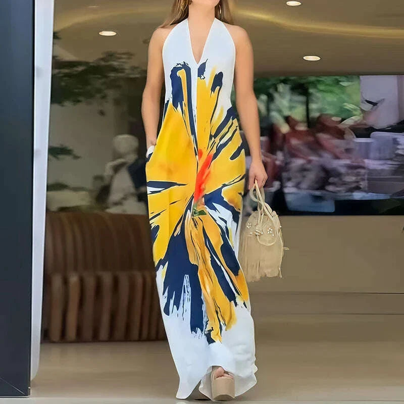 Printed Patchwork Loose Holiday Party Dress, Women Summer Fashion Sleeveless Chic Maxi Dress, 2025 Backless Elegant Ladies Dress
