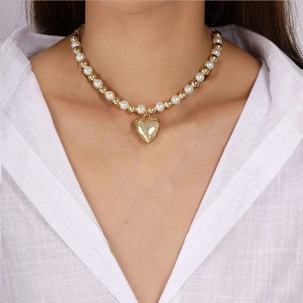 Exaggerated Hollow Big Heart Pendant Necklace for Women Girls CCB Ball Beads Necklace Party Club Punk Jewelry Gifts