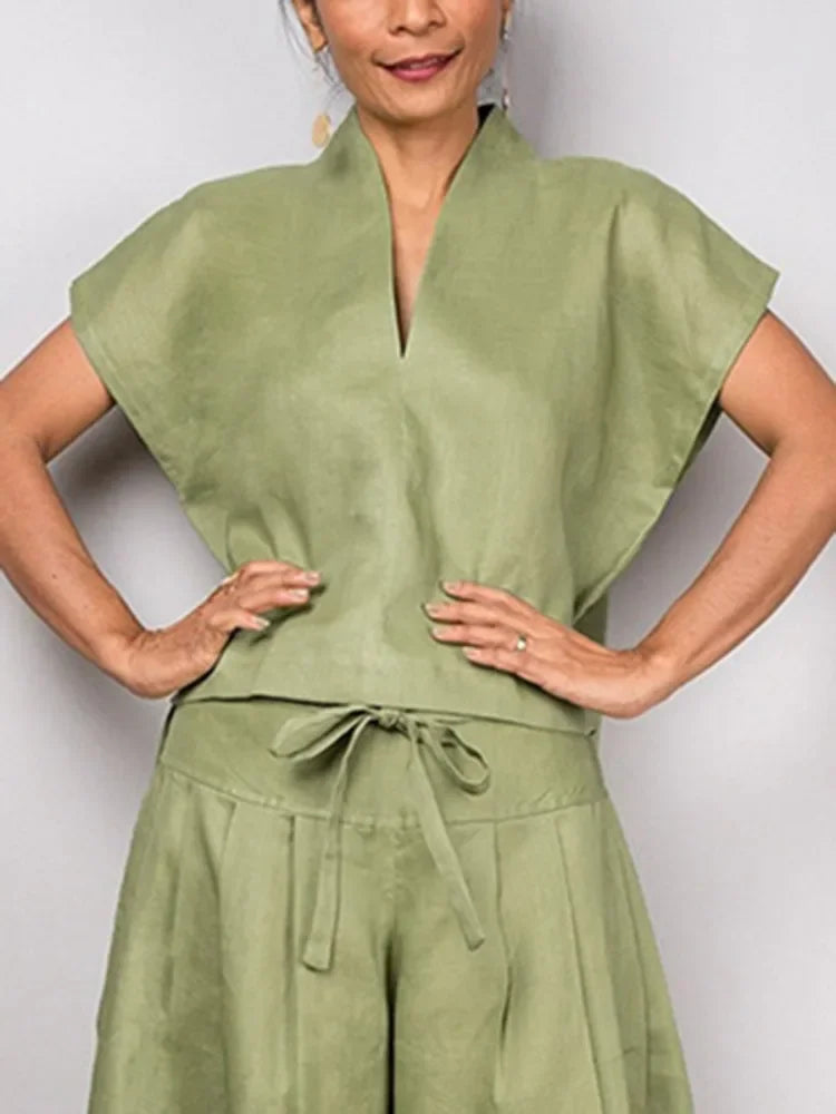 Missuoo Women's Cotton and Linen T-shirt V-neck Short Sleeves Loose Fit Green Shirt Top 2025 Summer Casual Tees for Women