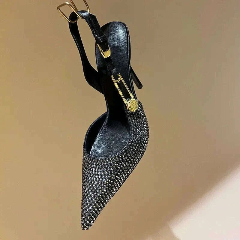 Spring Summer Fashion Shoes Luxury Rhinestones Sequined Buckle Women Pumps Elegant Pointed toe Slingbacks Stiletto High heels